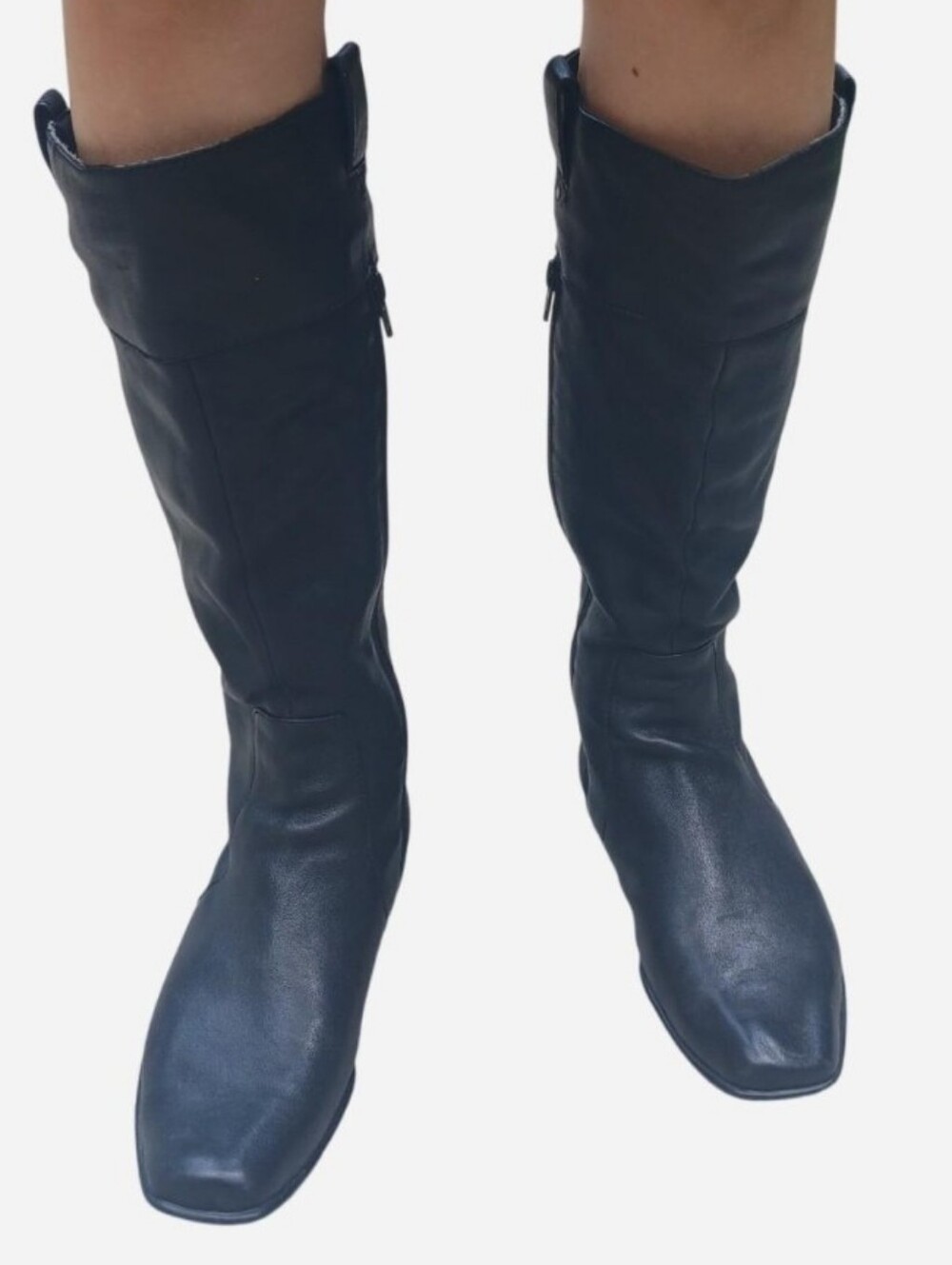 Born Crown Black Leather Square Toe Flat Knee-High Boots Women's 8.5/40